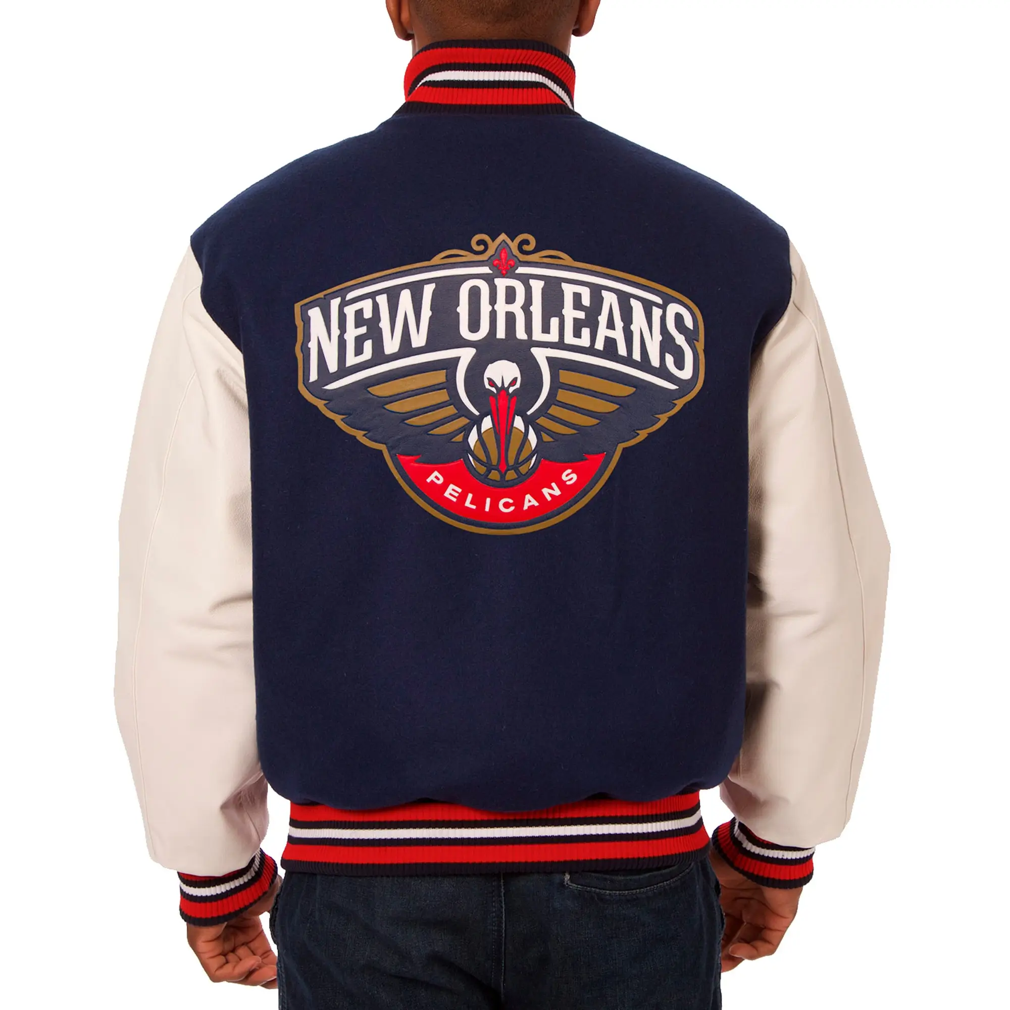 New Orleans Pelicans Two Tone Wool & Leather Varsity Jacket Navy & White - Image 2