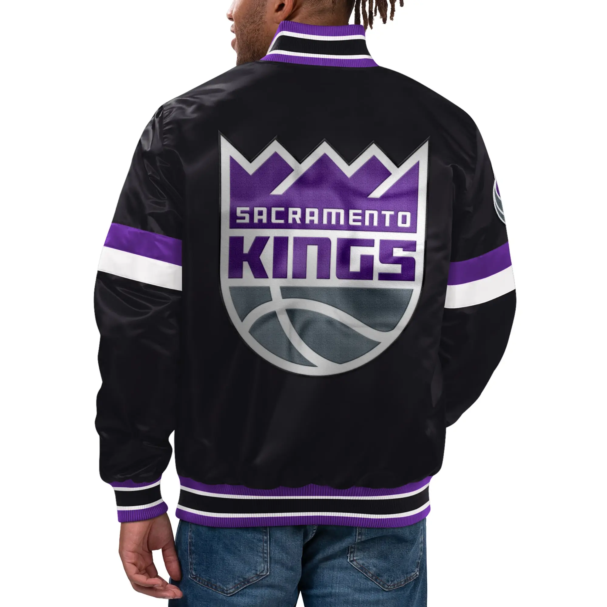 Sacramento Kings Starter Home Game Full-Snap Black Satin Varsity Jacket - Image 2