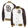 San Diego Padres Clean Up Hitter Satin Varsity Jacket White & Brown - Image 3
