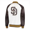 San Diego Padres Clean Up Hitter Satin Varsity Jacket White & Brown - Image 2