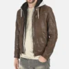 Men's Winston Hallwell Brown Removable Hoodie Genuine Leather Jacket