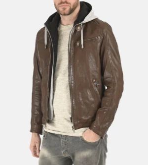 Men's Winston Hallwell Brown Removable Hoodie Genuine Leather Jacket