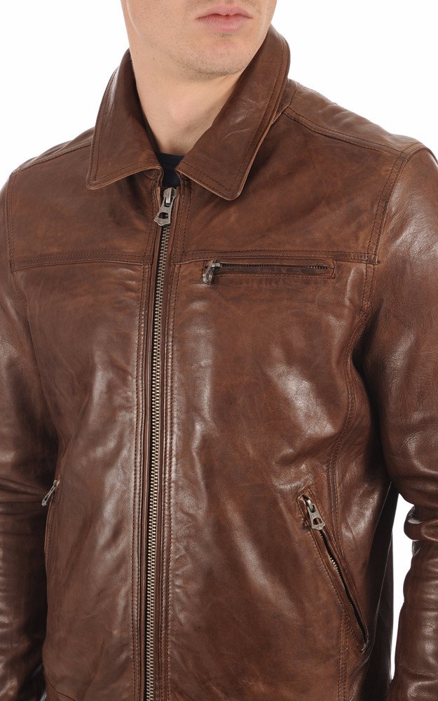 Men's Cognac Shirt Collar Genuine Leather Jacket - Image 4