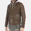 Men's Winston Hallwell Brown Removable Hoodie Genuine Leather Jacket - Image 2