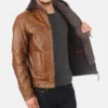 Men's Eriko Hooded Cognac Buffalo Leather Jacket - Image 3