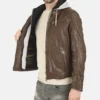Men's Winston Hallwell Brown Removable Hoodie Genuine Leather Jacket - Image 3