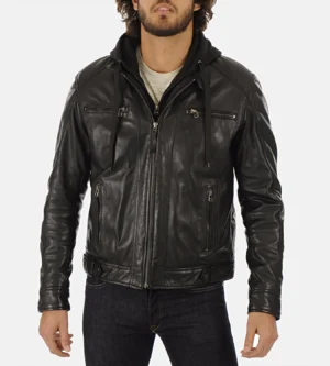 Alternative view of Men's Eriko Black Hooded Genuine Lambskin Leather Jacket