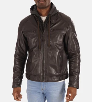 Alternative view of Men's Eriko Dark Brown Hood Lambskin Leather Jacket