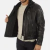Men's Eriko Black Hooded Genuine Lambskin Leather Jacket - Image 3