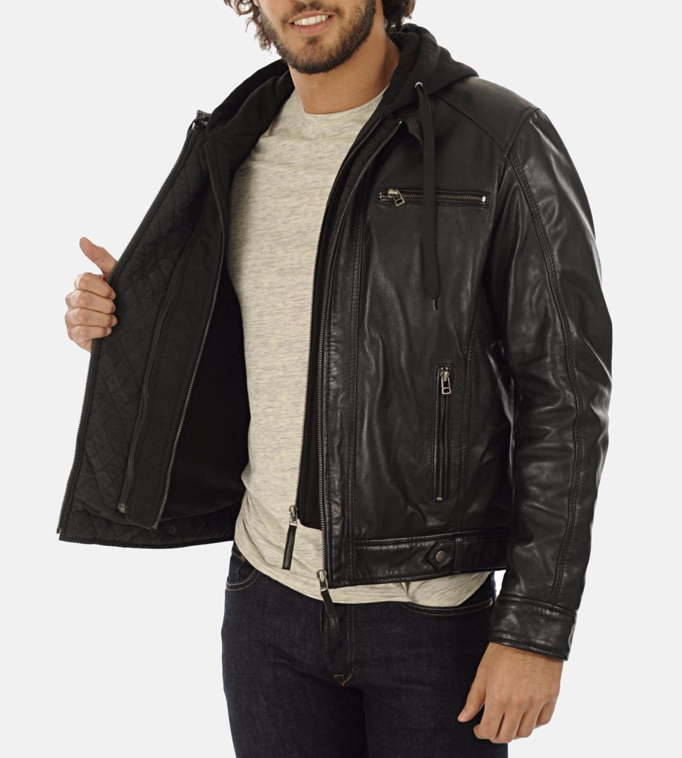 Men's Eriko Black Hooded Genuine Lambskin Leather Jacket - Image 3