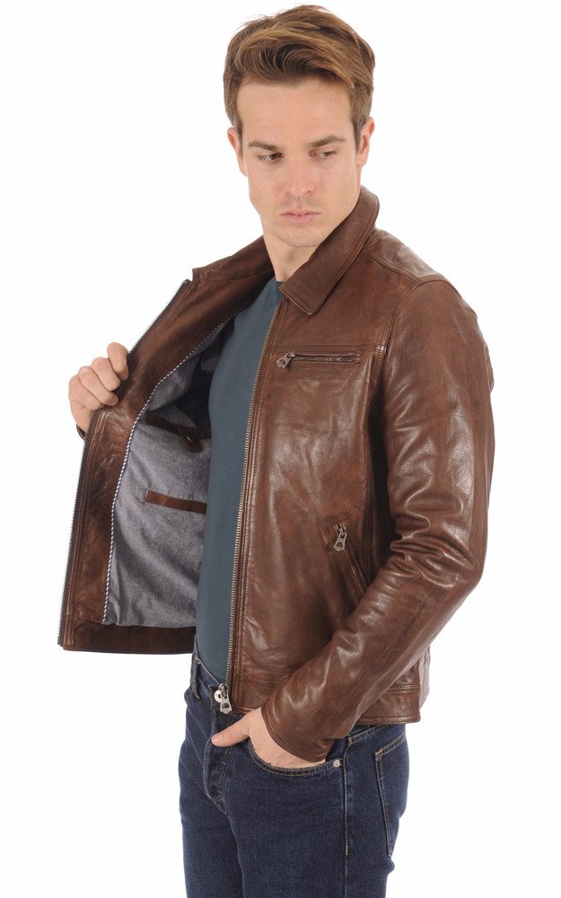 Men's Cognac Shirt Collar Genuine Leather Jacket - Image 2