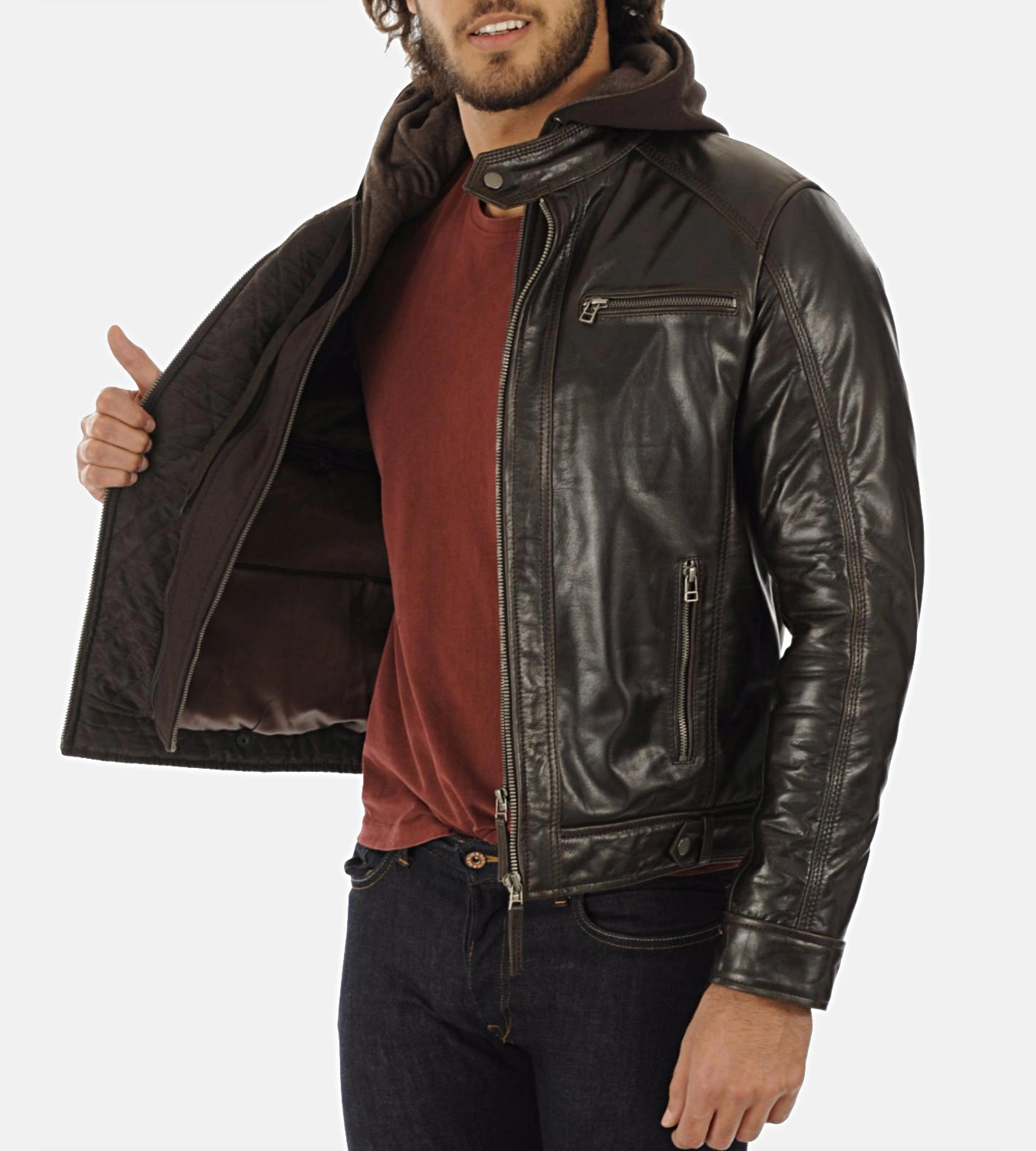 Men's Eriko Brown Hooded Genuine Buffalo Leather Jacket - Image 3