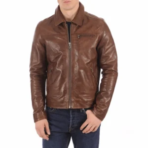 Men's Cognac Shirt Collar Genuine Leather Jacket