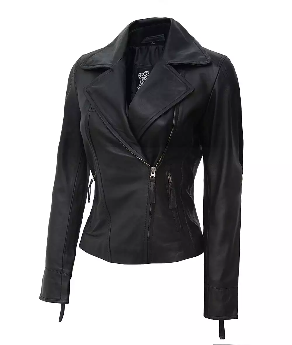 Ramsey Women's Asymmetrical Black Leather Biker Jacket - Image 2