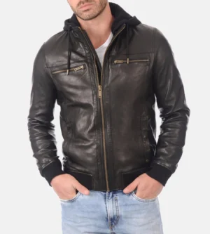 Men's B-One Black Removable Hooded Leather Jacket
