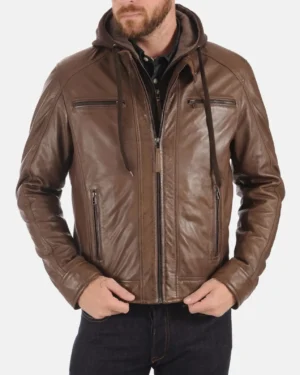 Men's Eriko Mocca Hood Real Lambskin Leather Jacket
