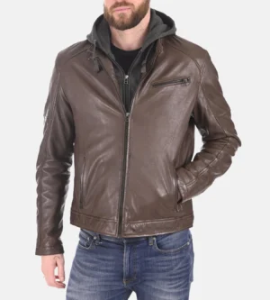 Men's Iora Mocca Removable Hooded Genuine Leather Jacket