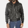 Men's Teddy Ball Black Genuine Leather Removable Hooded Jacket