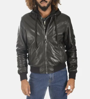 Men's Teddy Ball Black Genuine Leather Removable Hooded Jacket