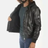 Men's Teddy Ball Black Genuine Leather Removable Hooded Jacket - Image 3