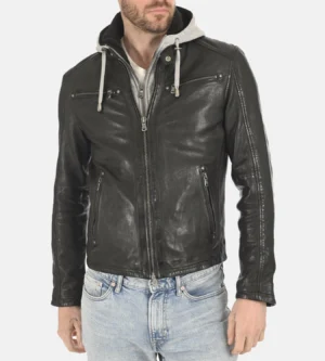Alternative view of Men's Winston Black Removable Hoodie Genuine Leather Jacket