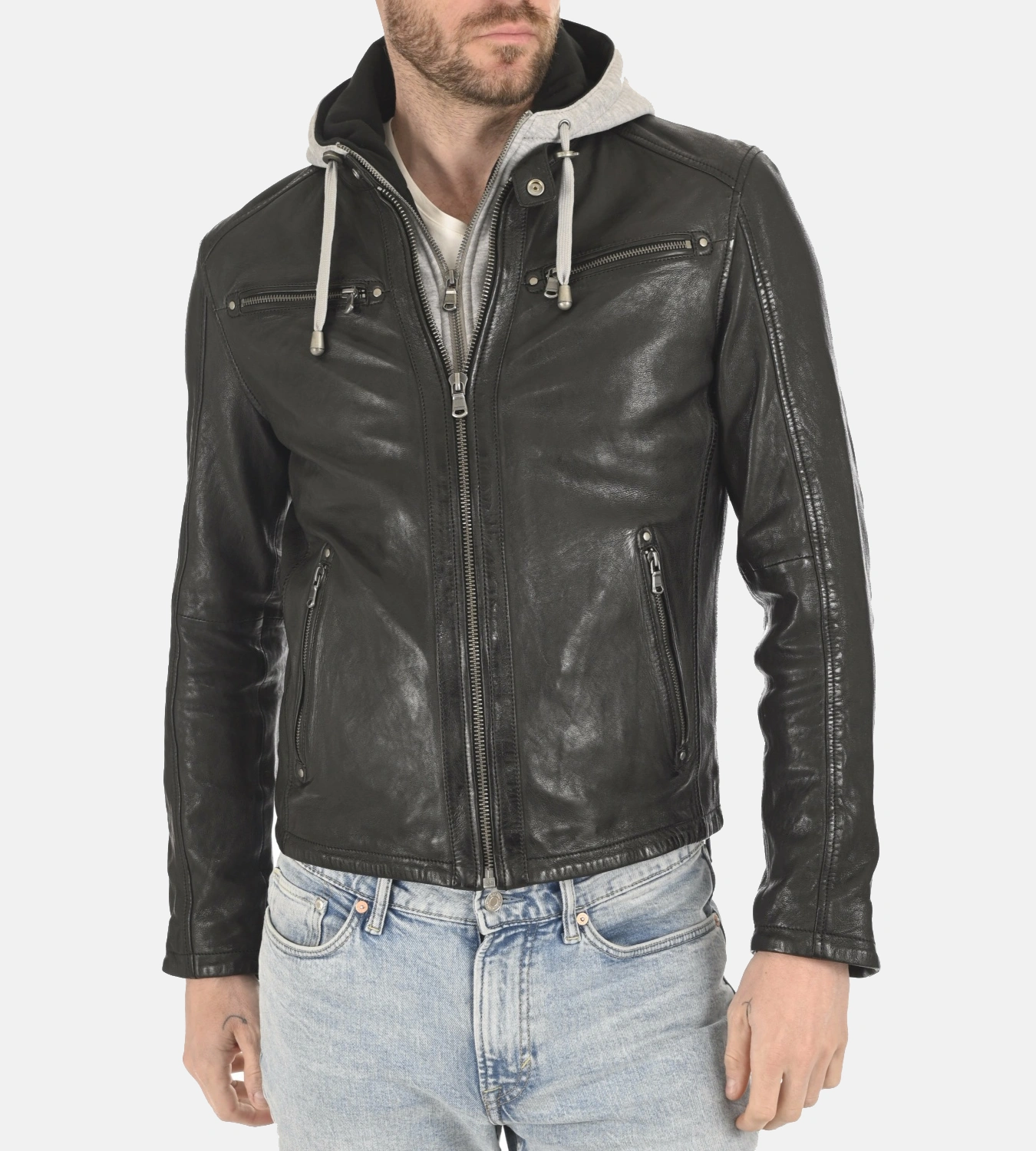 Men's Winston Black Removable Hoodie Genuine Leather Jacket - Image 2
