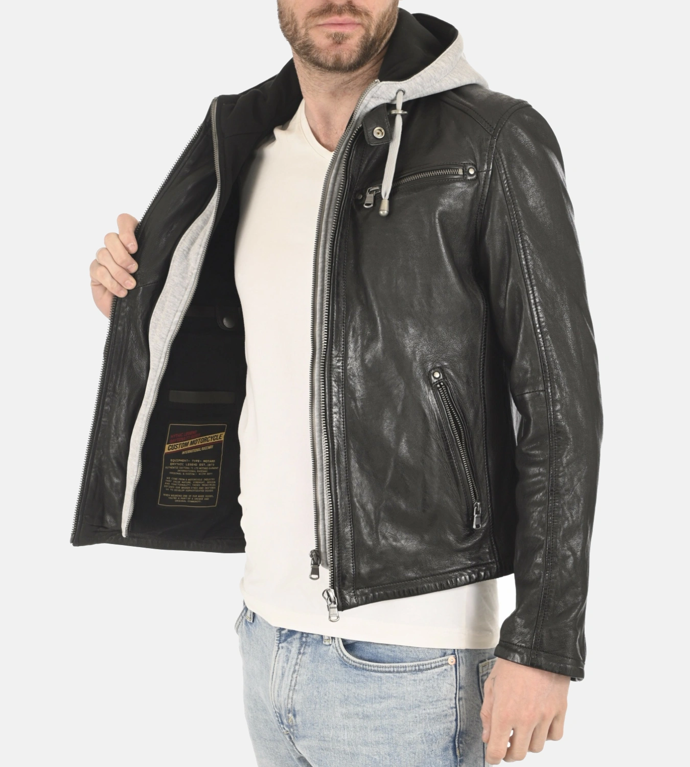 Men's Winston Black Removable Hoodie Genuine Leather Jacket - Image 3