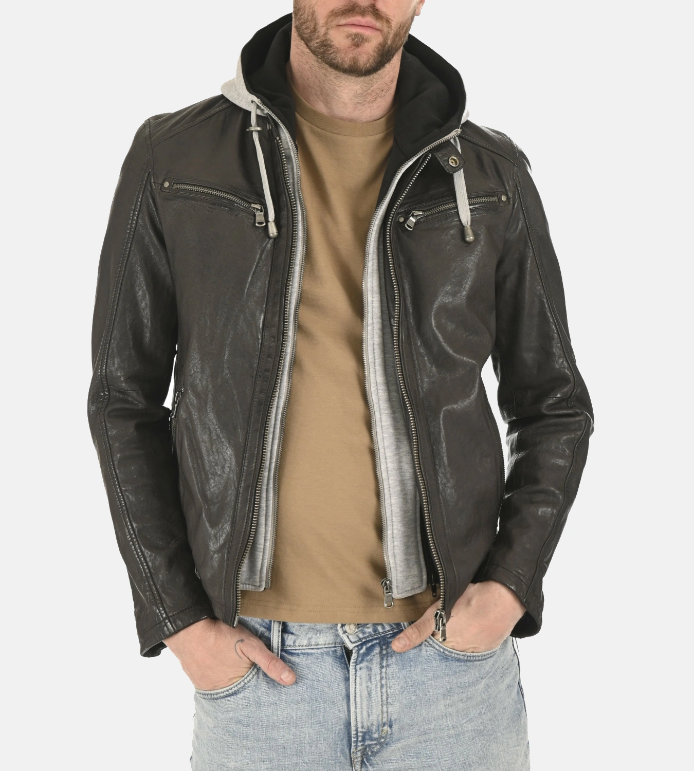 Men's Winston Dark Brown Hoodie Leather Jacket - Image 2