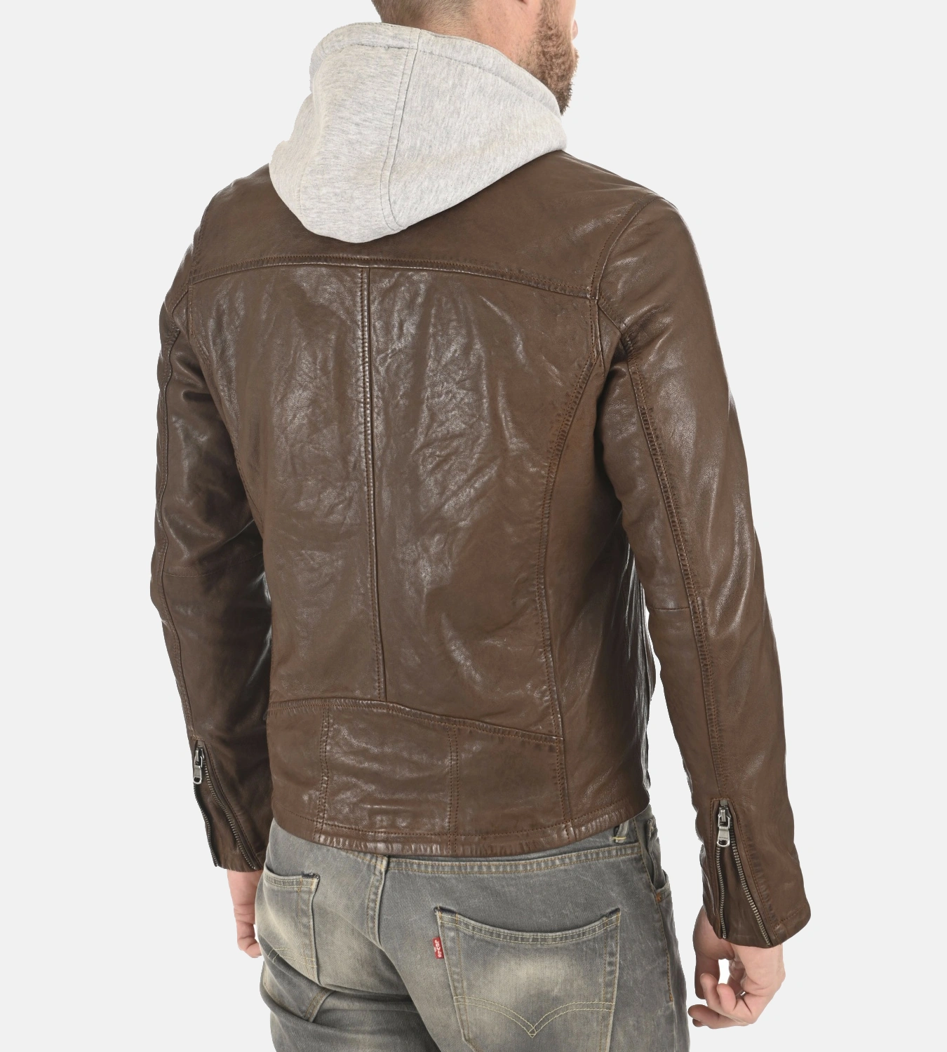 Men's Winston Hallwell Brown Removable Hoodie Genuine Leather Jacket - Image 4