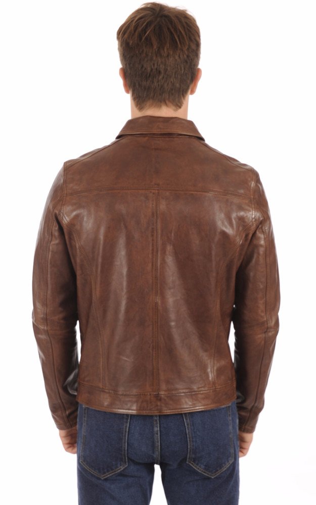 Men's Cognac Shirt Collar Genuine Leather Jacket - Image 3