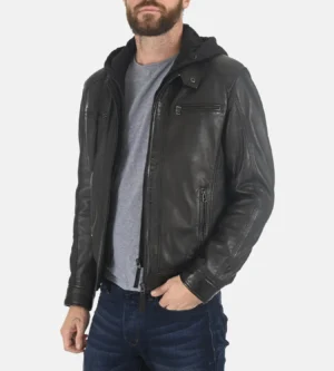 Men's Erico Jacobstowe Hooded Black Genuine Lambskin Leather Jacket