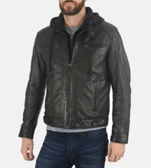 Alternative view of Men's Erico Jacobstowe Hooded Black Genuine Lambskin Leather Jacket