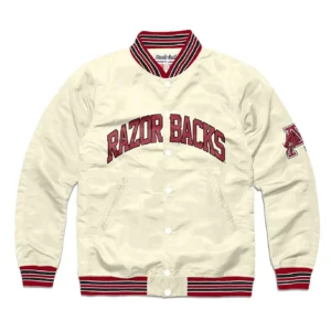 Razorback Graduate Bomber Cream Satin Varsity Jacket
