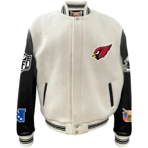 Arizona Cardinals Jeff Hamilton Ribbed Knitted Off White Wool & Leather Varsity Jacket