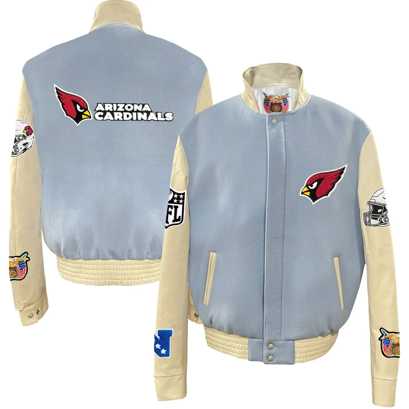 Arizona Cardinals Baby Blue Stand Up Collar Wool & Leather Varsity Jacket - Image 3