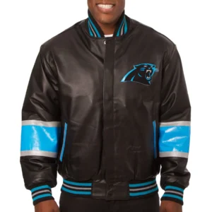 Carolina Panthers Black & Sky Blue Full Leather Varsity Jacket