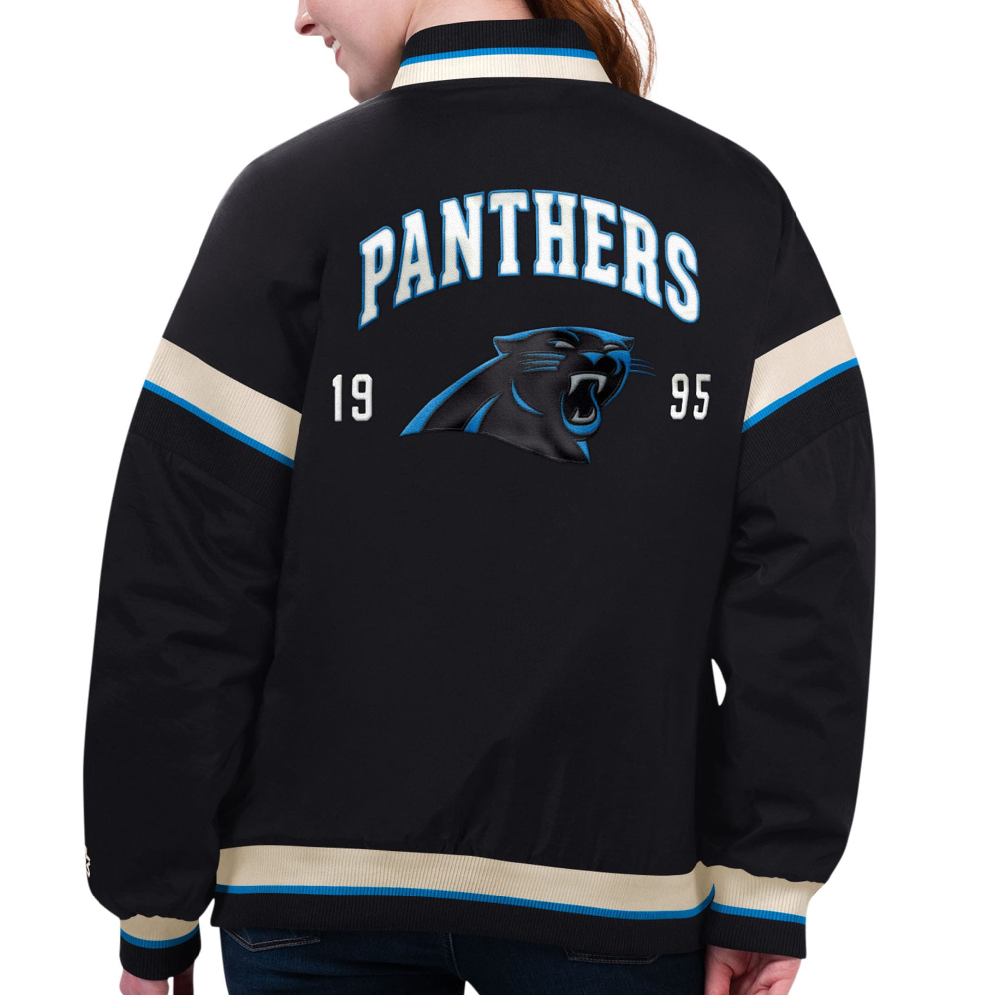 Carolina Panthers Starter Black Women’s Tournament Satin Varsity Jacket - Image 2