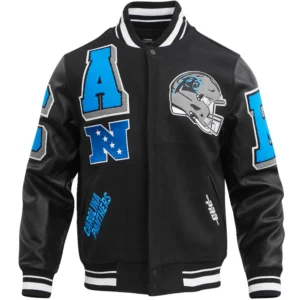 Carolina Panthers Patches Black Mashup Wool & Leather Varsity Jacket