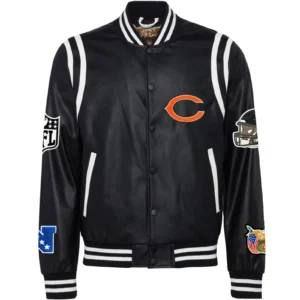 Chicago Bears Jeff Hamilton Full Black Leather Varsity Jacket