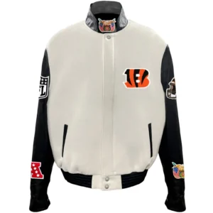 Cincinnati Bengals Jeff Hamilton Off White Wool & Leather Varsity Jacket