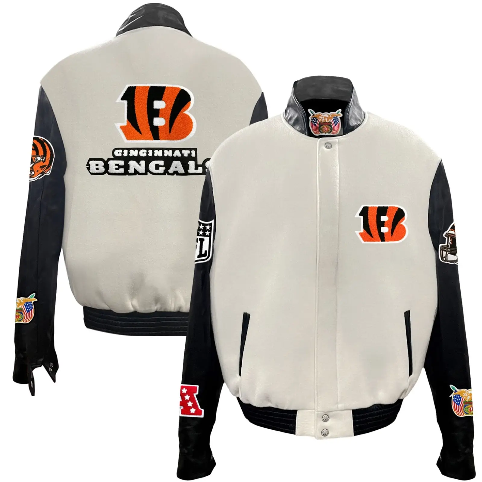 Cincinnati Bengals Jeff Hamilton Off White Wool & Leather Varsity Jacket - Image 3