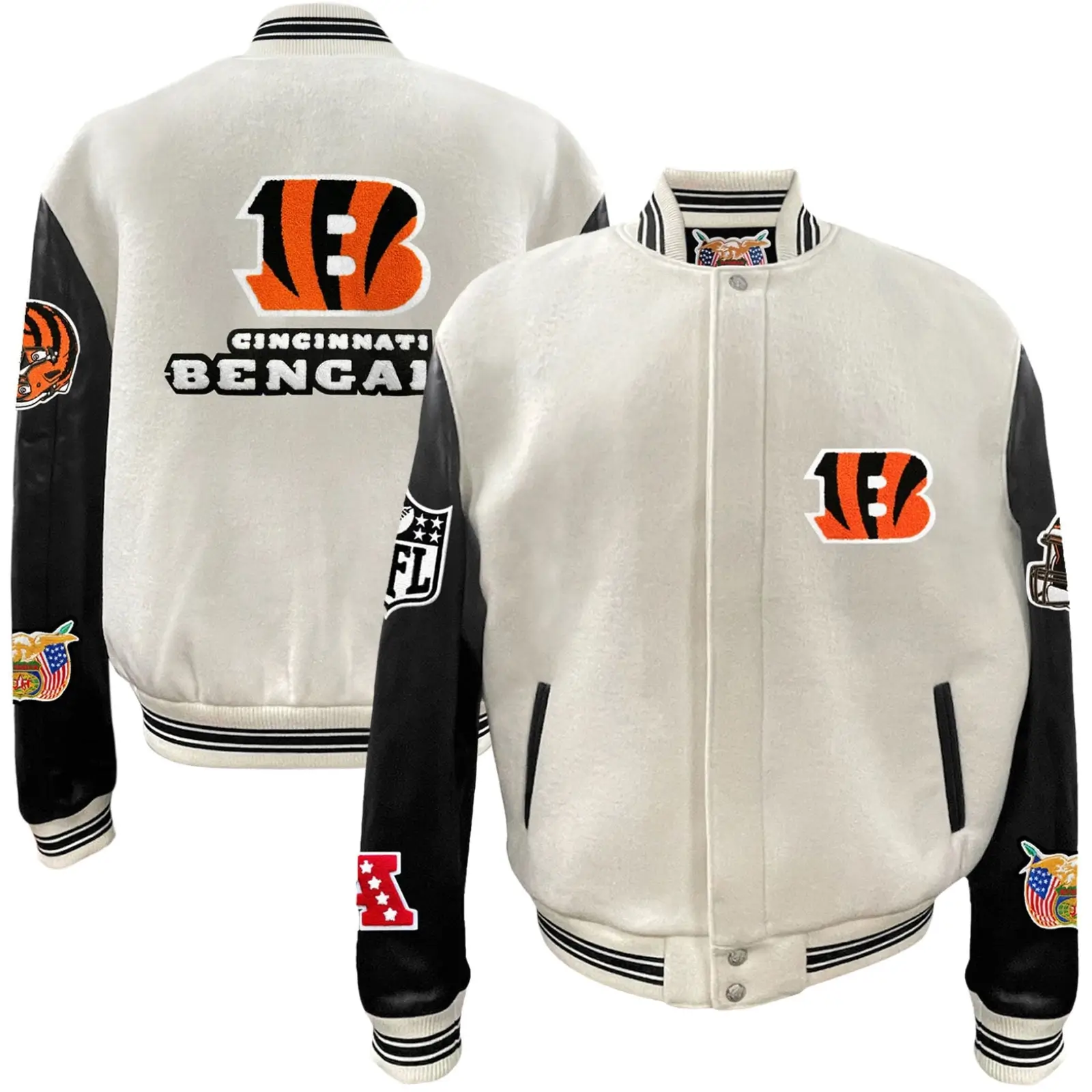 Cincinnati Bengals Jeff Hamilton Off White Wool & Leather Full-Snap Varsity Jacket - Image 3