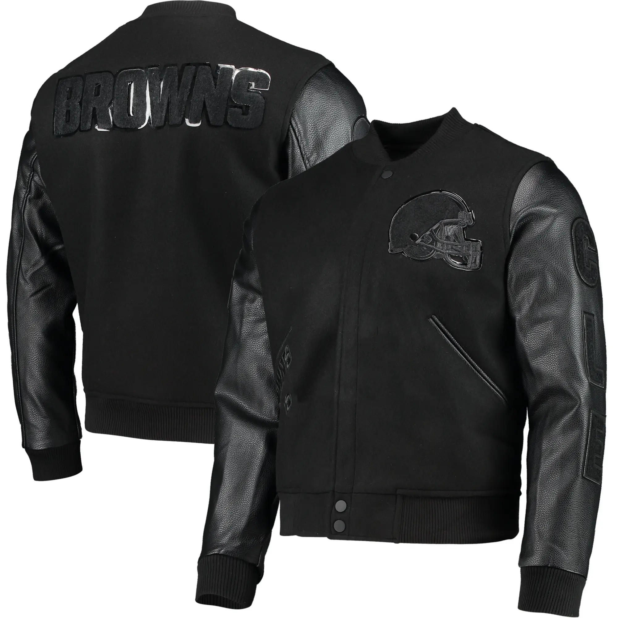 Cleveland Browns Triple Black Pro Standard Wool & Leather Varsity Jacket - Image 3