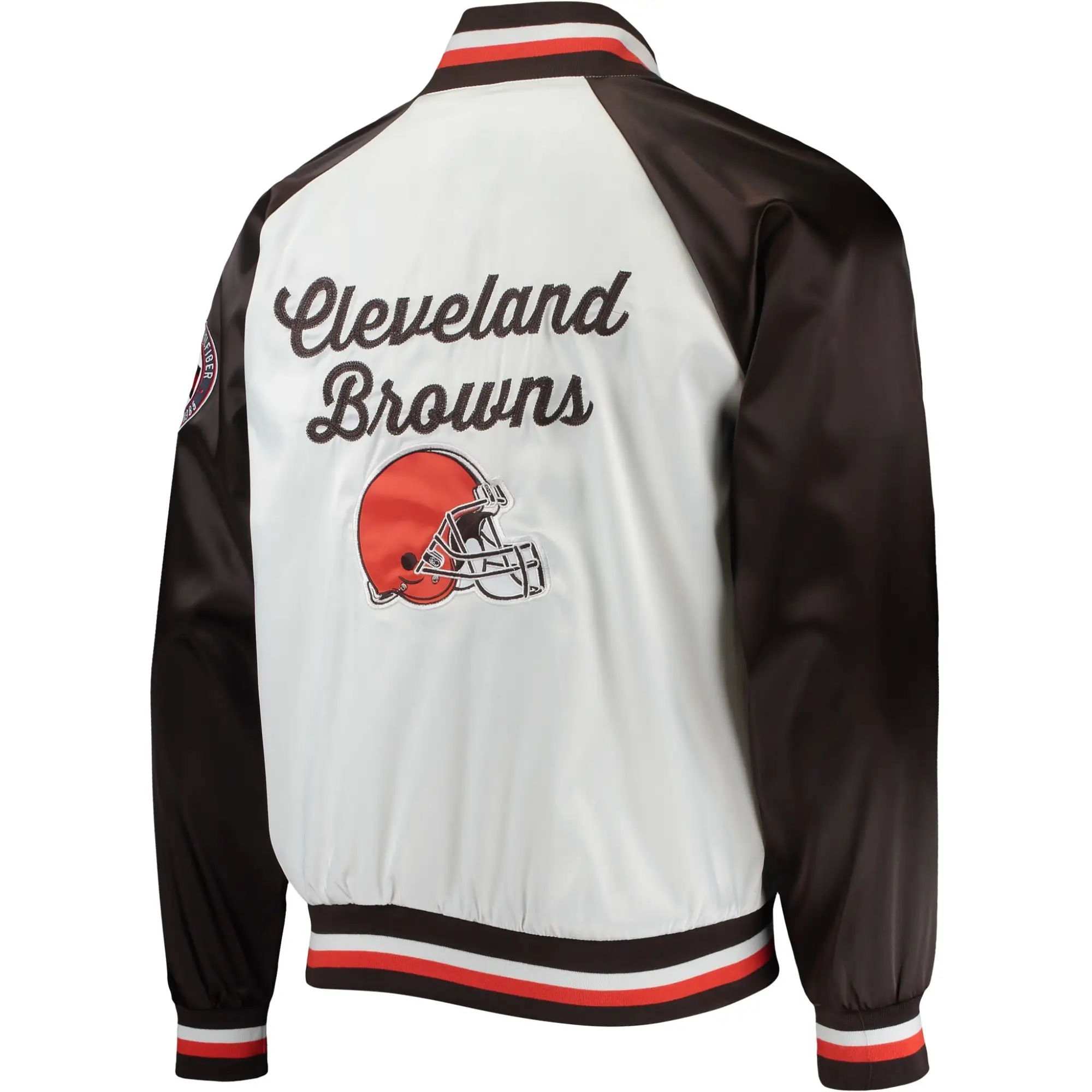 Cleveland Browns Lead Off Tommy Hilfiger Satin Varsity Jacket White & Brown - Image 2