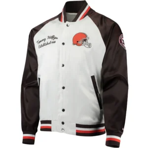 Cleveland Browns Lead Off Tommy Hilfiger Satin Varsity Jacket White & Brown