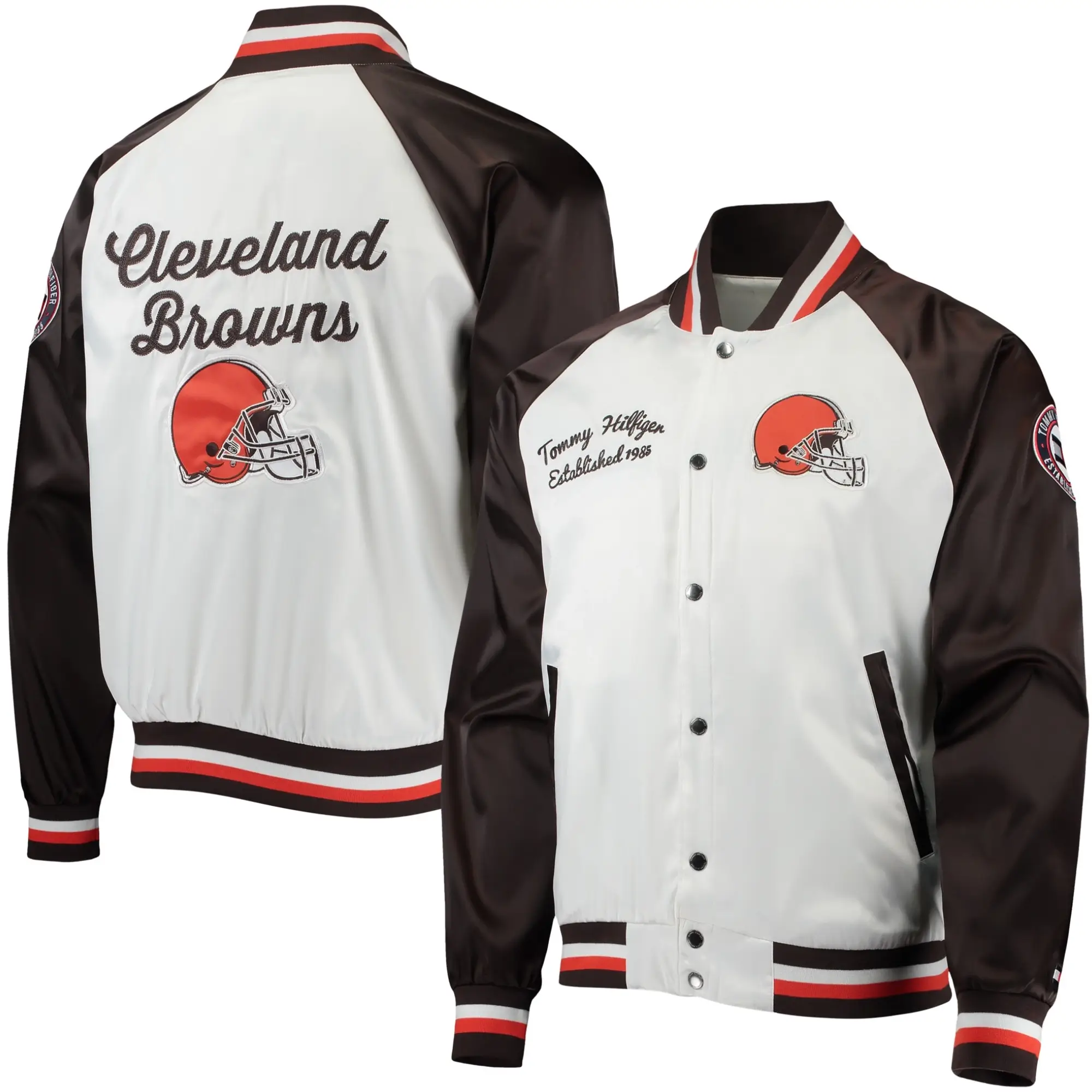 Cleveland Browns Lead Off Tommy Hilfiger Satin Varsity Jacket White & Brown - Image 3