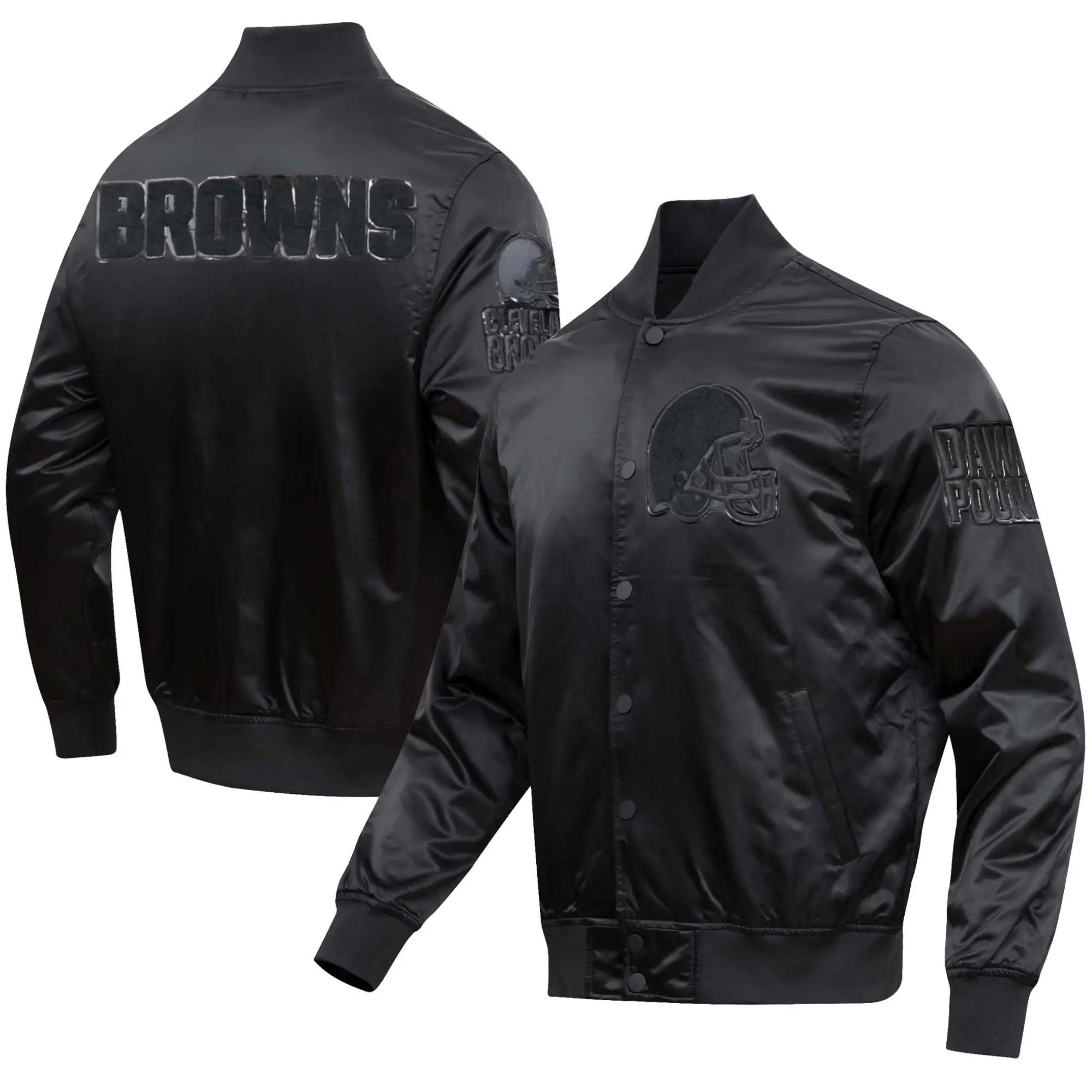 Cleveland Browns Triple Black Satin Full-Snap Varsity Jacket - Image 3
