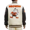 Cleveland Browns Retro Classic Wool & Leather Varsity Jacket Cream & Black - Image 2