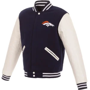 Denver Broncos Wool & Leather Reversible Navy & White Varsity Jacket