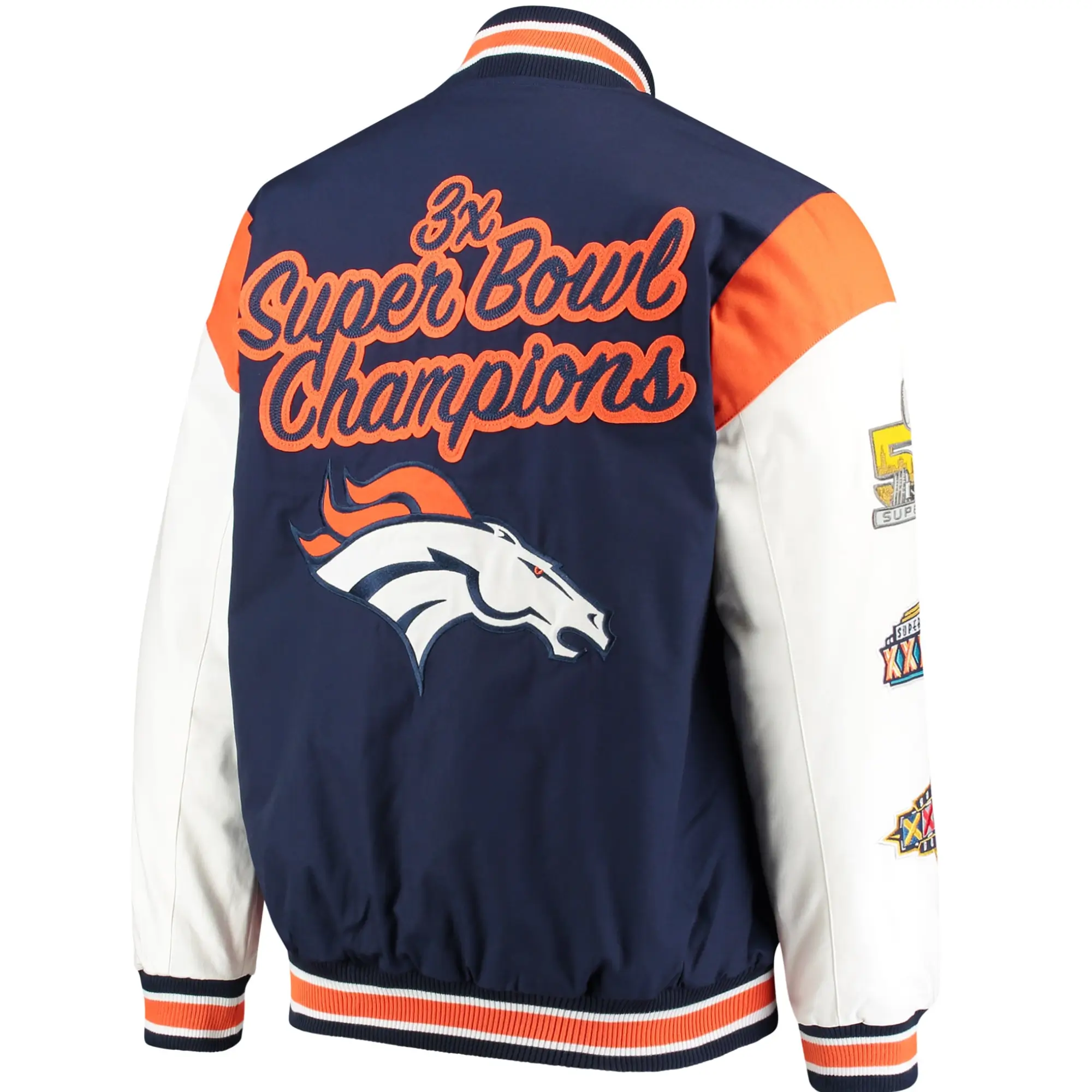 Denver Broncos Navy & White Patches Satin Varsity Jacket - Image 2